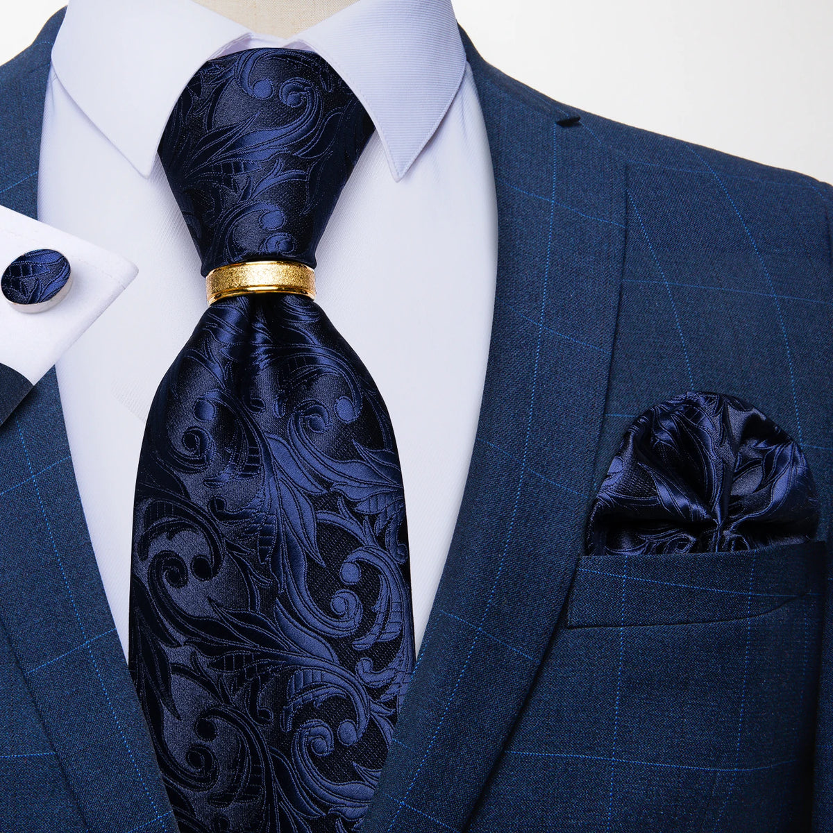 Men's Tie Handkerchief Cuffink Necktie Set Jacquard Woven Silk Blue Wedding Formal Business Party Necktie Ring Set DiBanGu