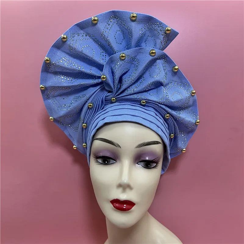 High Quality African Nigeria Gele Elegant Helmet With Stones Headband Turban Head Scarf Head-Hat Auto Gele Brand New Hats 7L5191