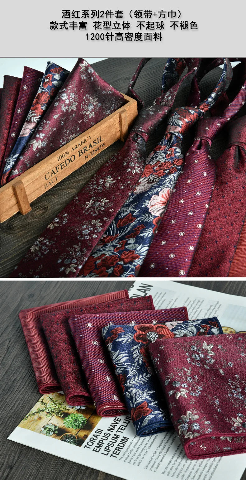 man tie set swine red 8cm Men's Formal tie and pocket square set 2-Piece Business Wedding burgundy ties for men and neckties man