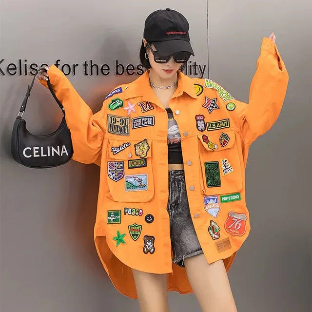 Fashion Embroidery Patches Denim Jacket Coat Women Harajuku Streetwear Hip Hop Trend Loose Jean Jackets Outerwear