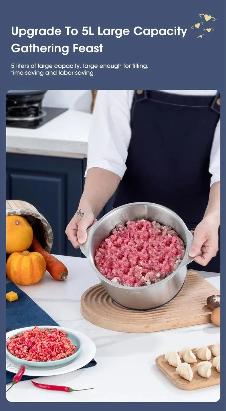 5L Electric Meat Grinder Chopper Stainless Steel Meat Vegetables Blender, 500W Household Stuffing Food Processor Mincer 5 Modes