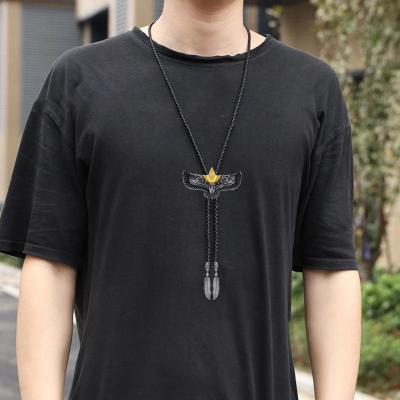 Mens Women Bolo Tie Cowboy Necktie Leather Rope Necklace with Metal Flying Feathered Pendant Jewelry Shirt Chain