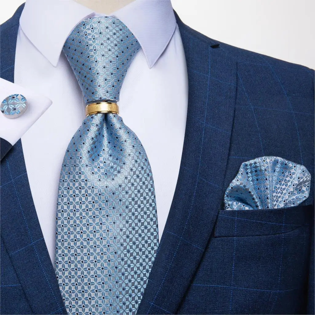 Men's Tie Handkerchief Cuffink Necktie Set Jacquard Woven Silk Blue Wedding Formal Business Party Necktie Ring Set DiBanGu