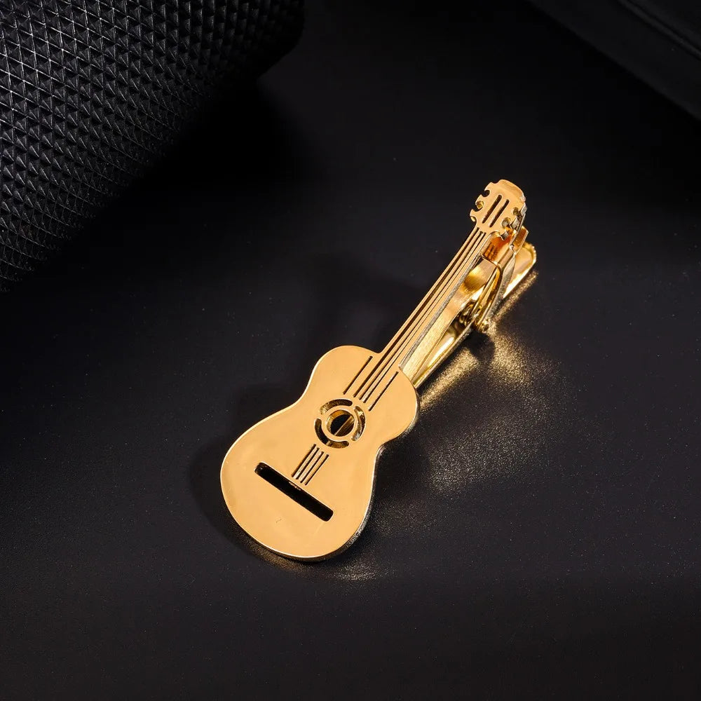 Treble Clef Guitar Tie Clip Titanium Steel Instrument Music Note Tie Pin Hip Hop Punk Piano Necktie Buckle Concert Accessories