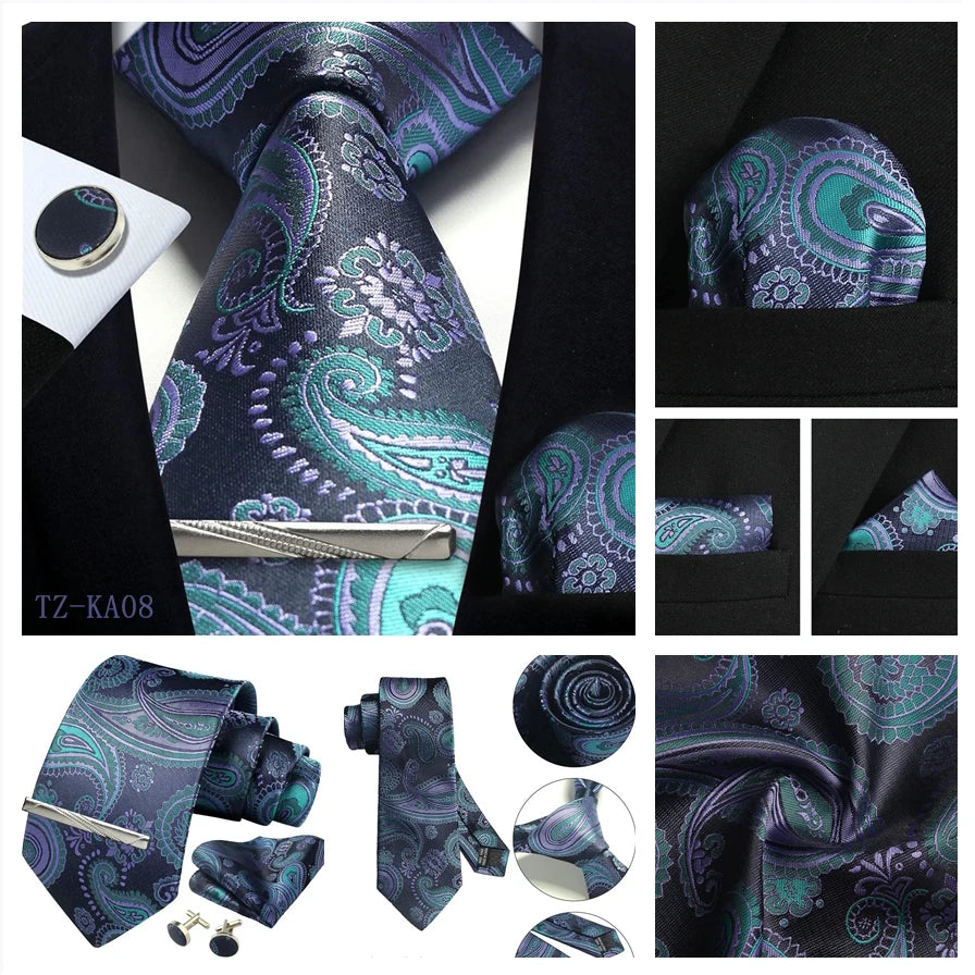 Mens Tie Set Silk Silver Paisley Floral Necktie and Pocket Square Cufflinks Tie Clip Classic Formal Ties for Men Wedding Party