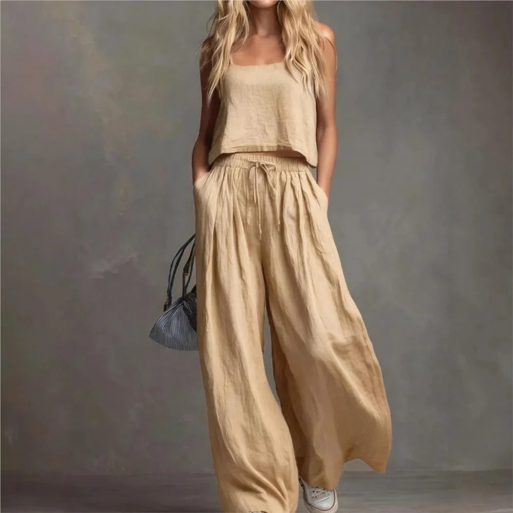 Suspender Top Women + Wide-leg Trousers Women 2piece Set Summer Fashion Elastic Waist Lace-up Pocket Trousers Casual Suit Female