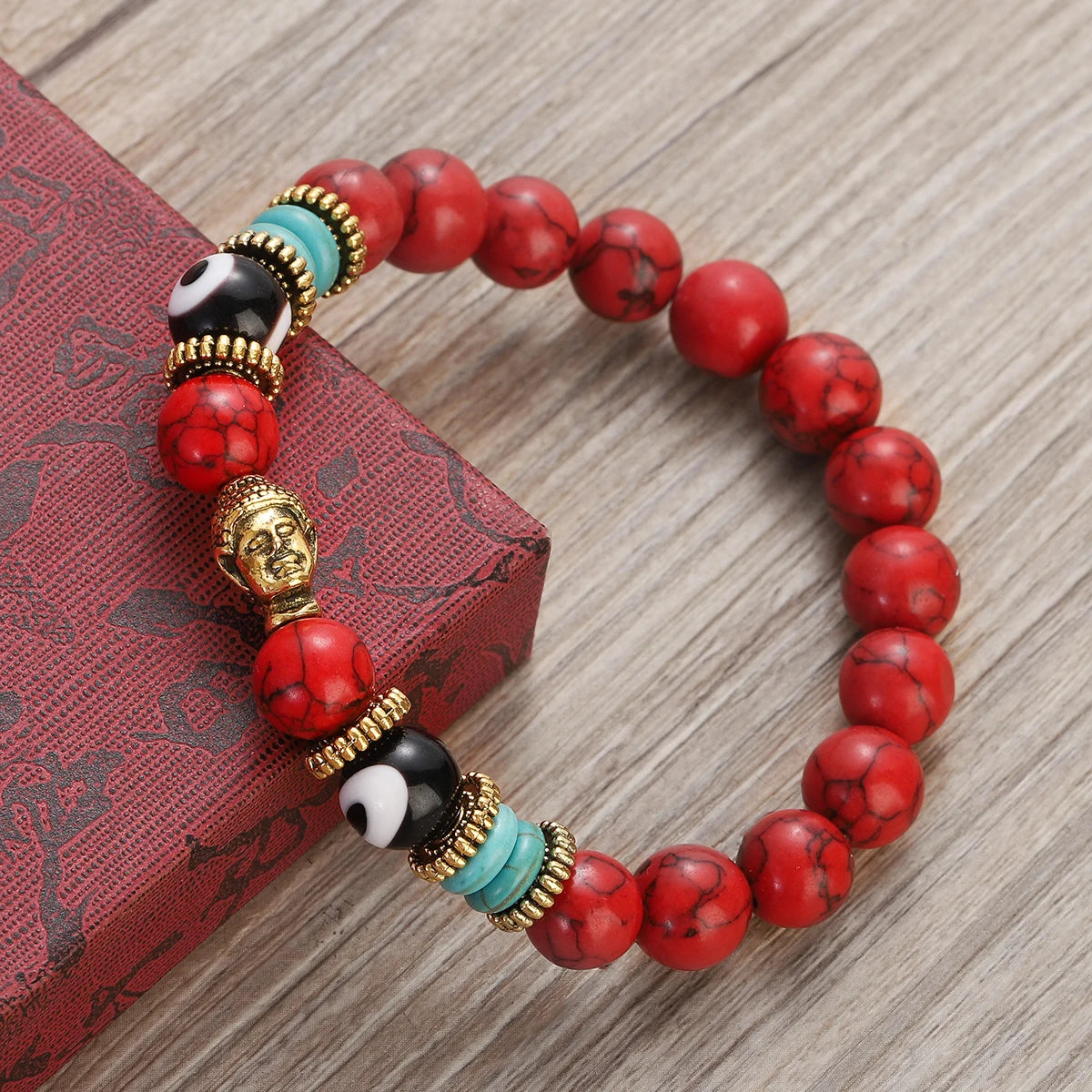 Classic Buddha&Evil Eye Bracelet Women Men 10mm Round Turquoises Blue Stone Bangles Handmade Elastic Yoga Bracelet