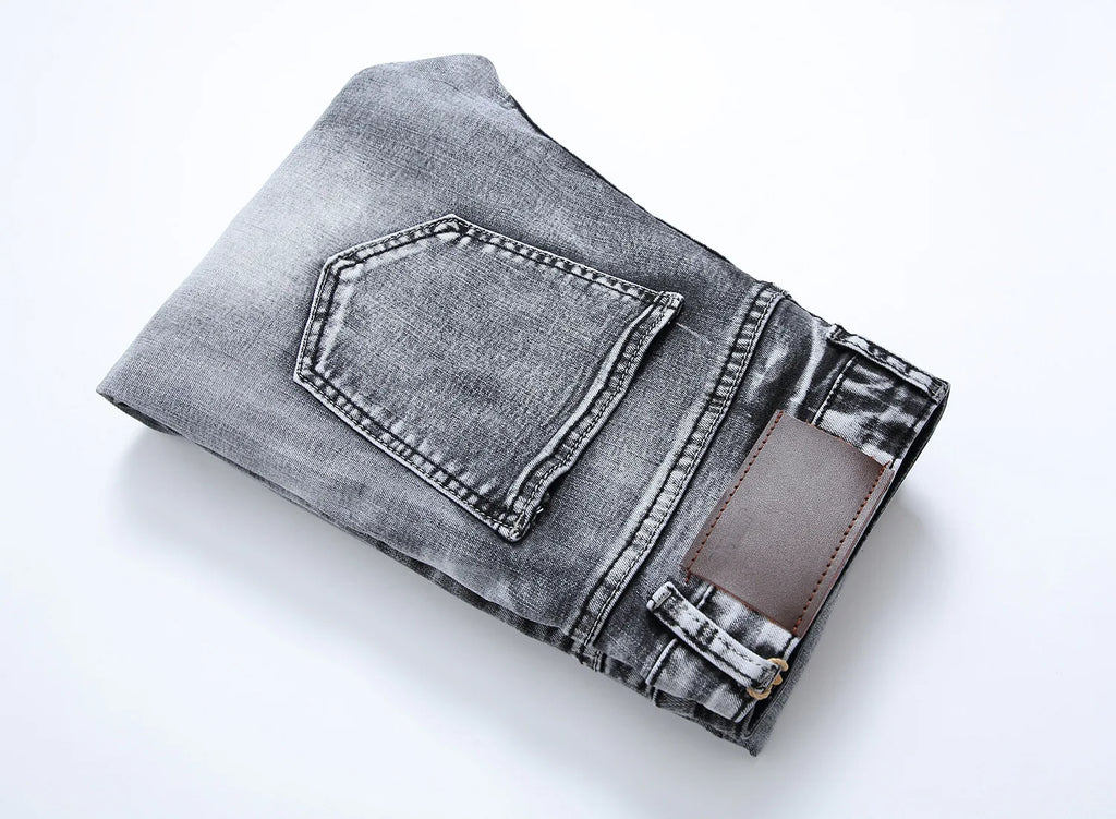 New 2026 Men's Grey Jeans Pants Fashion Casual Slim Fit Small Feet Long Pants Trend Versatile Stretch Denim Trousers for Men