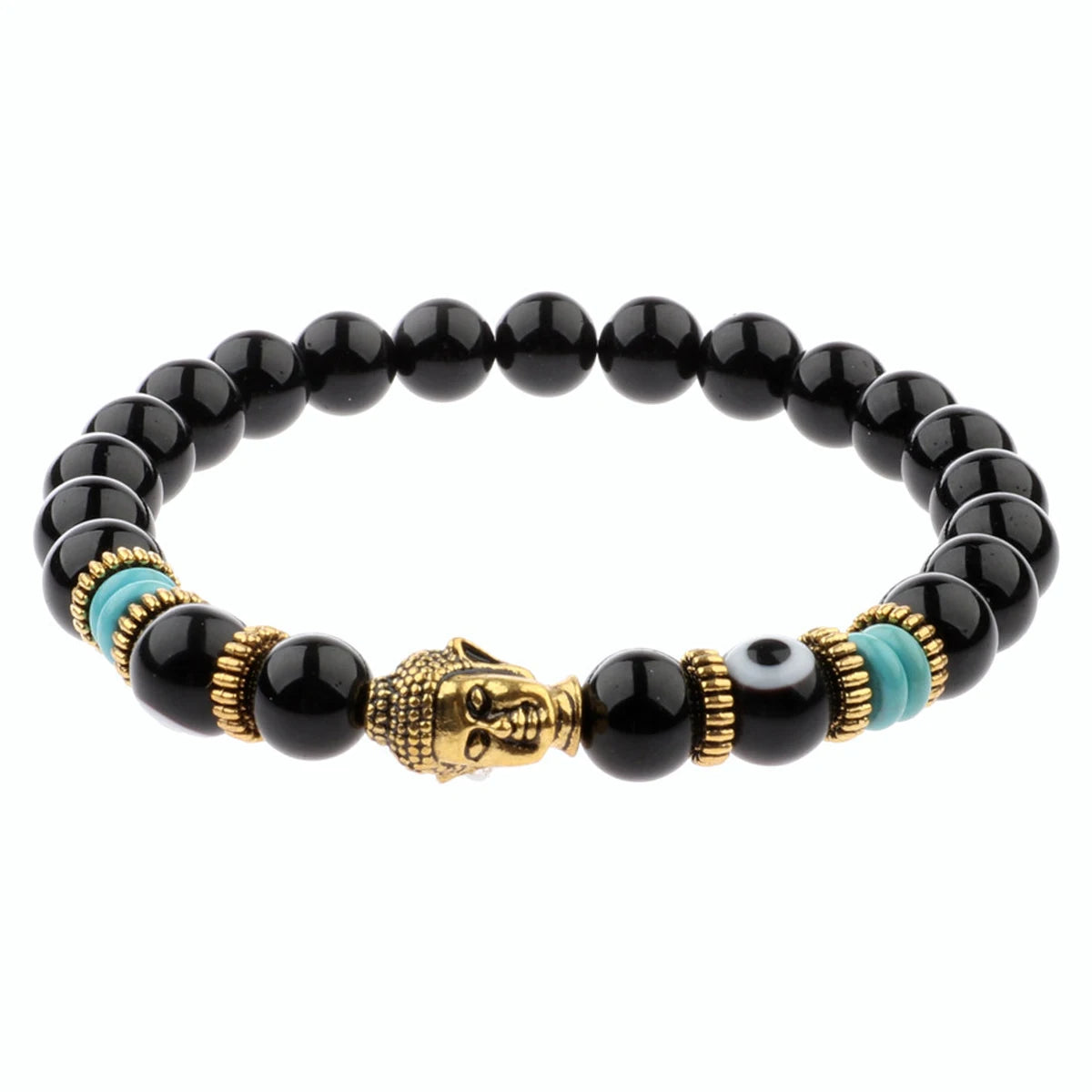 Classic Buddha&Evil Eye Bracelet Women Men 10mm Round Turquoises Blue Stone Bangles Handmade Elastic Yoga Bracelet