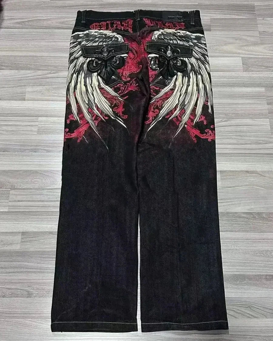 Harajuku Retro High Quality Boot Cut Jeans Women Y2K New Gothic Blue Denim Embroidery Hip Hop Cross Pocket Wide Pants Streetwear