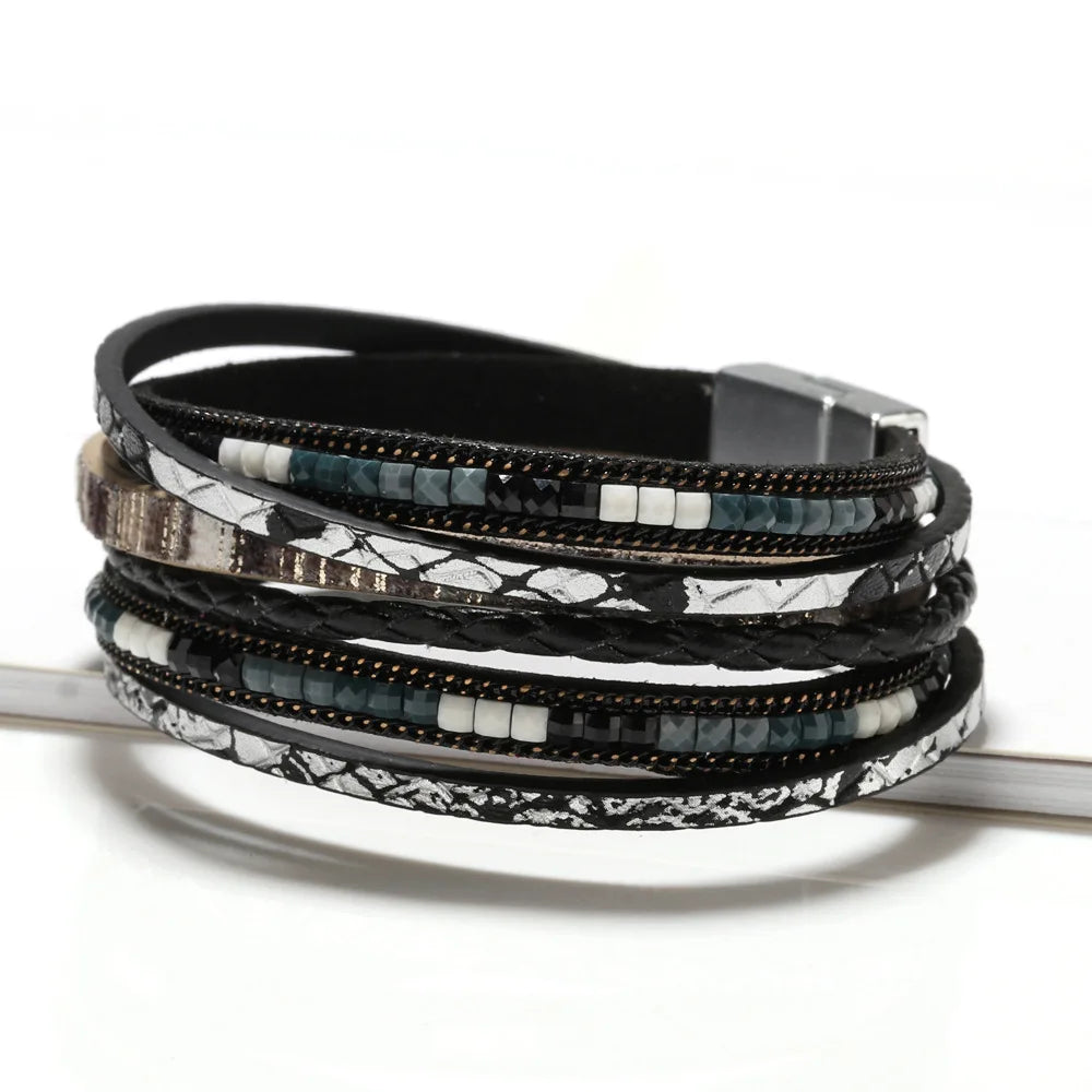 Bohemian Bracelet Hand-Woven Leather Bracelet Alloy Magnetic Clasp for Women Fashion Bracelet Women's Aesthetic Jewelry