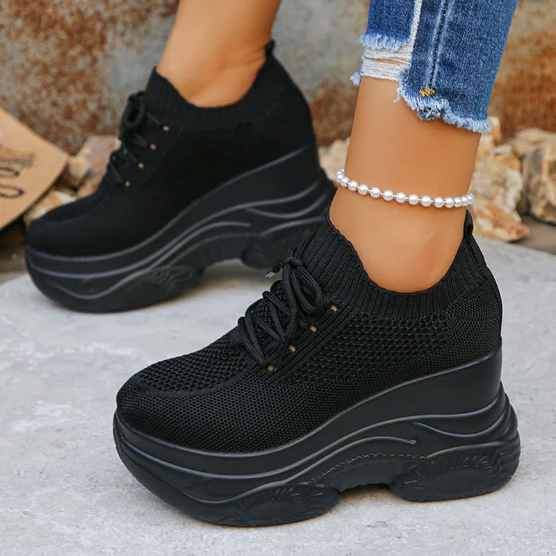 Women's Knitted White Wedge Sneakers 2026 Spring Breathable Mesh Chunky Platform Sneakers Woman Plus Size 42 Lace Up Sport Shoes