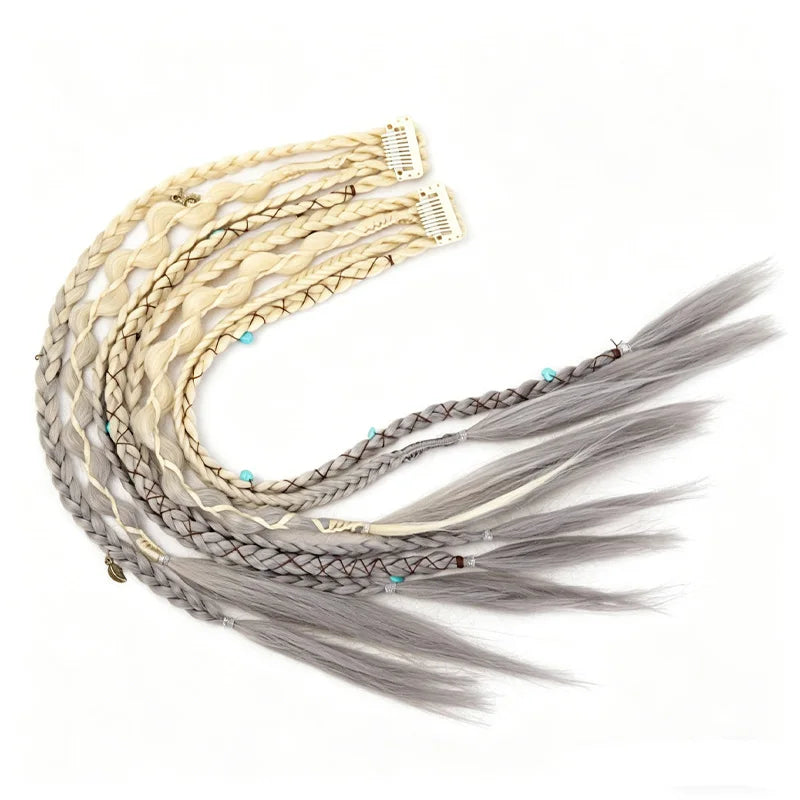 Bohemian Long Hair Braid Hand Woven Wig Braid with Decorative Hair Accessories Easy to Wear Synthetic Hair Clip Braid  synthetic