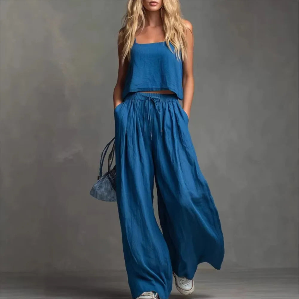 Suspender Top Women + Wide-leg Trousers Women 2piece Set Summer Fashion Elastic Waist Lace-up Pocket Trousers Casual Suit Female