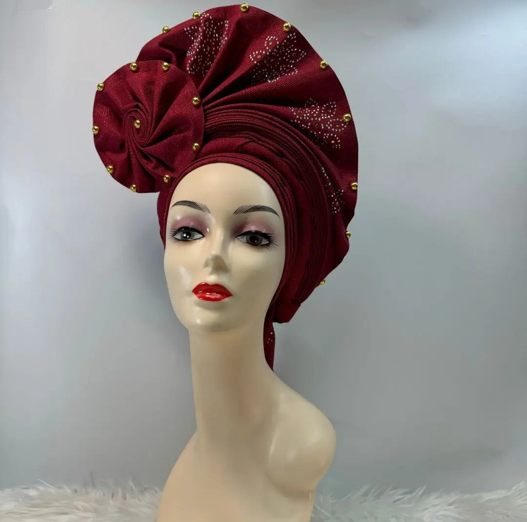 High Quality African Nigeria Gele Elegant Helmet With Stones Headband Turban Head Scarf Head-Hat Auto Gele Brand New Hats 7L631