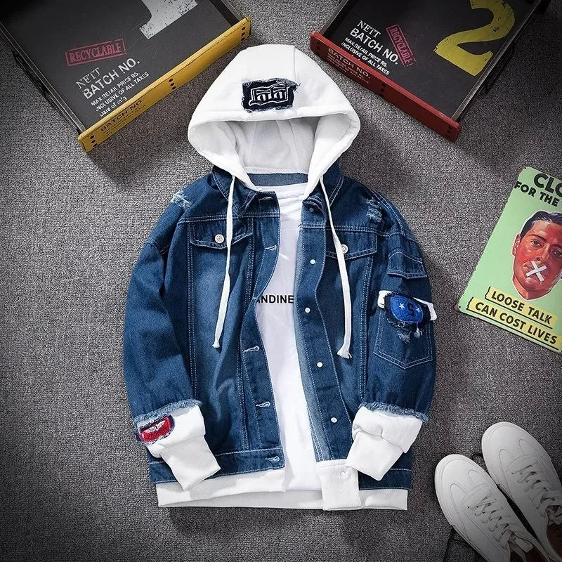 Customizable Men Denim Jacket Streetwear Hip Hop Men's Hooded Jean Jackets Male Casual Loose Outerwear Fashion Slim Fit Coat