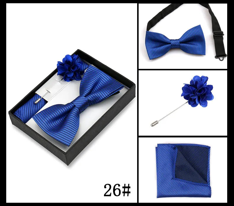Classic High Quality Bow Tie Set Box Gift For Men Fashion Elegant Bowtie Handchief And Brooch Set Wedding Business Accessories