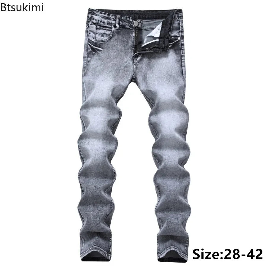 New 2026 Men's Grey Jeans Pants Fashion Casual Slim Fit Small Feet Long Pants Trend Versatile Stretch Denim Trousers for Men