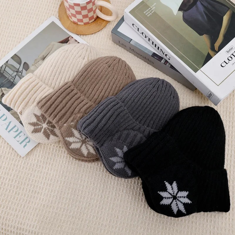 New Outdoor Women Men Winter Knitted Hat Plush Warm Peaked Cap Earmuff Fashion Faux Fur Lined Bomber Hats Cycling Ear Protection