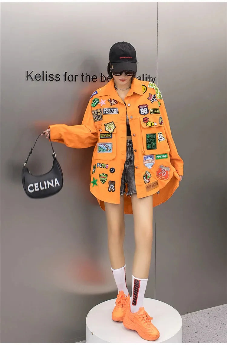 Fashion Embroidery Patches Denim Jacket Coat Women Harajuku Streetwear Hip Hop Trend Loose Jean Jackets Outerwear