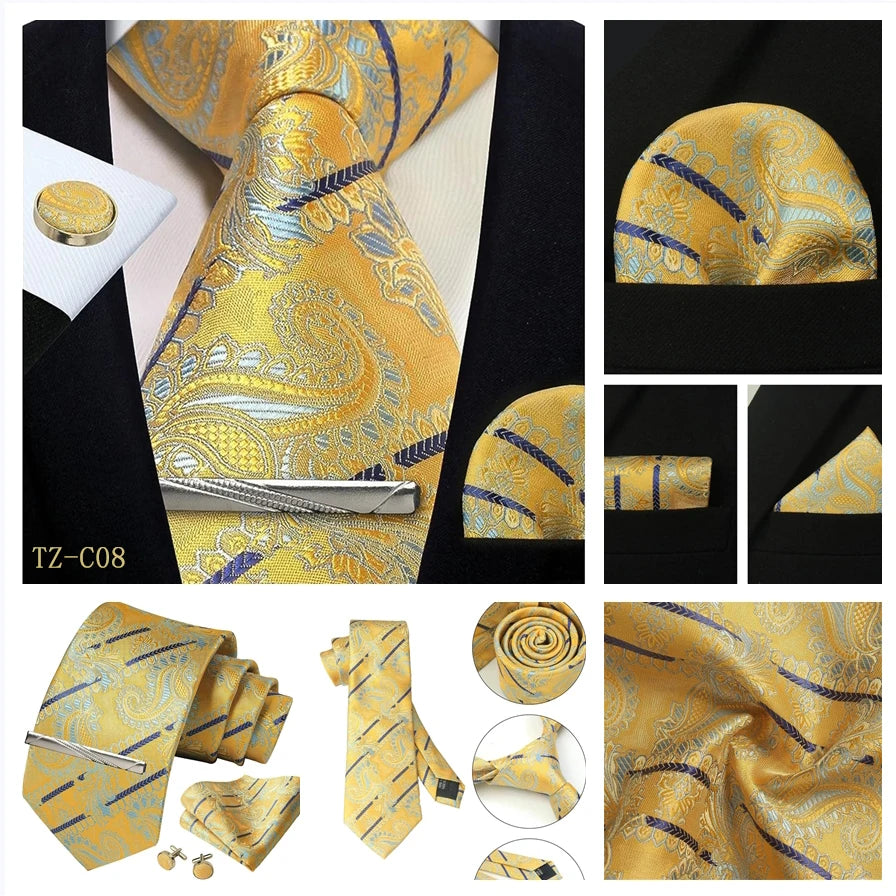Mens Tie Set Silk Silver Paisley Floral Necktie and Pocket Square Cufflinks Tie Clip Classic Formal Ties for Men Wedding Party