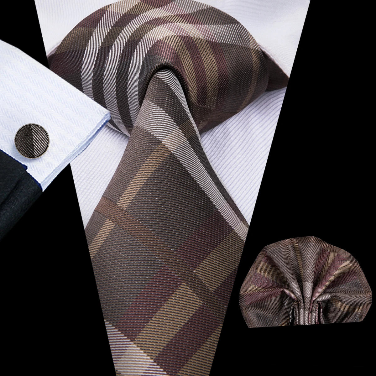 C-3014 Hi-Tie Men Tie Silk Necktie Plaid Brown Ties for Men High Quality Hanky Cufflinks Set Men's Wedding Pocket Square Tie Set