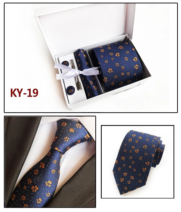 tie set for men gift box for men gravata luxury designer brand 8 cm Jacquard Necktie Pocket Square Clip cufflinks