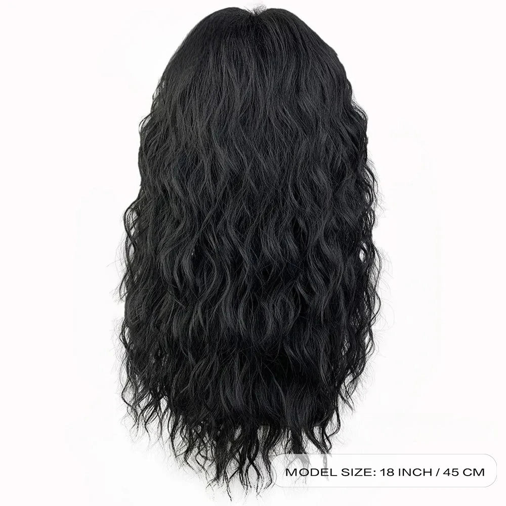Men's Black Curly Wig with Bangs – Natural Water Wave Synthetic Hair for Cosplay, Halloween & Daily Wear – Adjustable Cap (Rolep