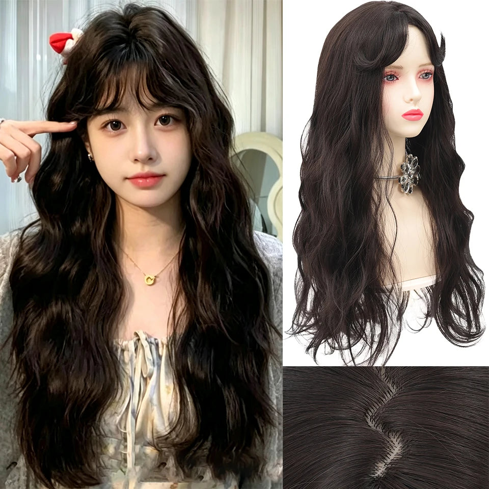 Long Curly Hair Wool Synthetic Wig With Bangs Full Head Beauty Temperament Wig for Girl Daily Party Halloween Christmas Festival