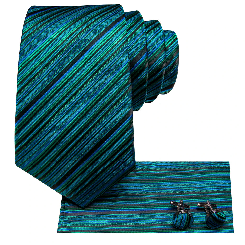Hi-Tie Burgundy Blue Striped Men Elegant Necktie Handkerchief Cufflinks for Tuxedo Fashion Classic Silk Luxury Tie for Man