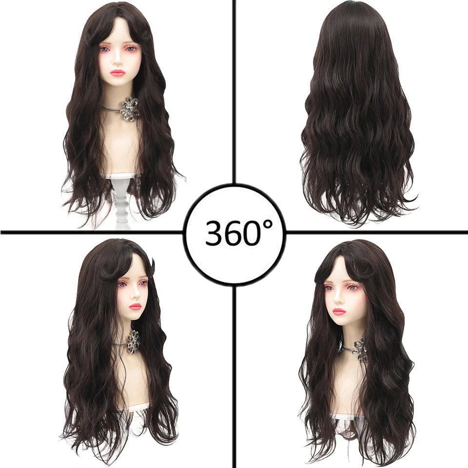 Long Curly Hair Wool Synthetic Wig With Bangs Full Head Beauty Temperament Wig for Girl Daily Party Halloween Christmas Festival