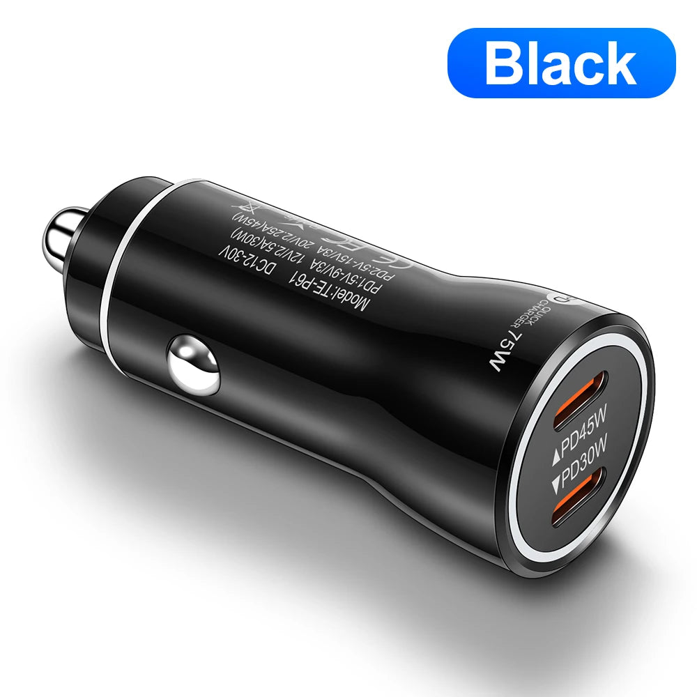 75W USB C Car Charger Dual Ports Type C PD Charger In Car Fast Charge Adapter For iPhone 15 14 Xiaomi Samgsung Car Phone Charger