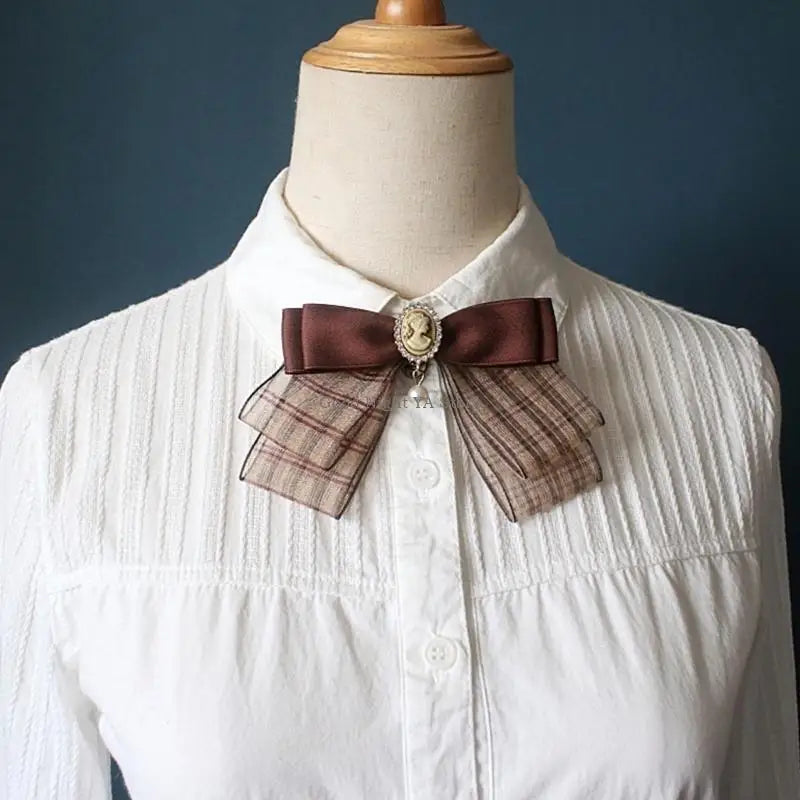 Retro Brown Plaids Bowtie Brooch Pin Uniform Ribbon Bowknot Jabot Collar Necktie