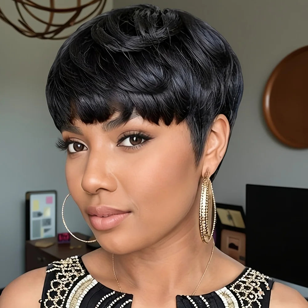 short curly human hair wig machine made 150% density 6inch balck color for women pixie cut human hair wig