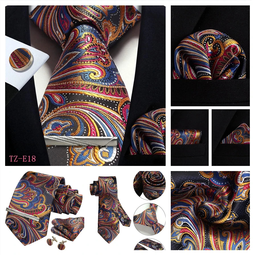 Mens Tie Set Silk Silver Paisley Floral Necktie and Pocket Square Cufflinks Tie Clip Classic Formal Ties for Men Wedding Party