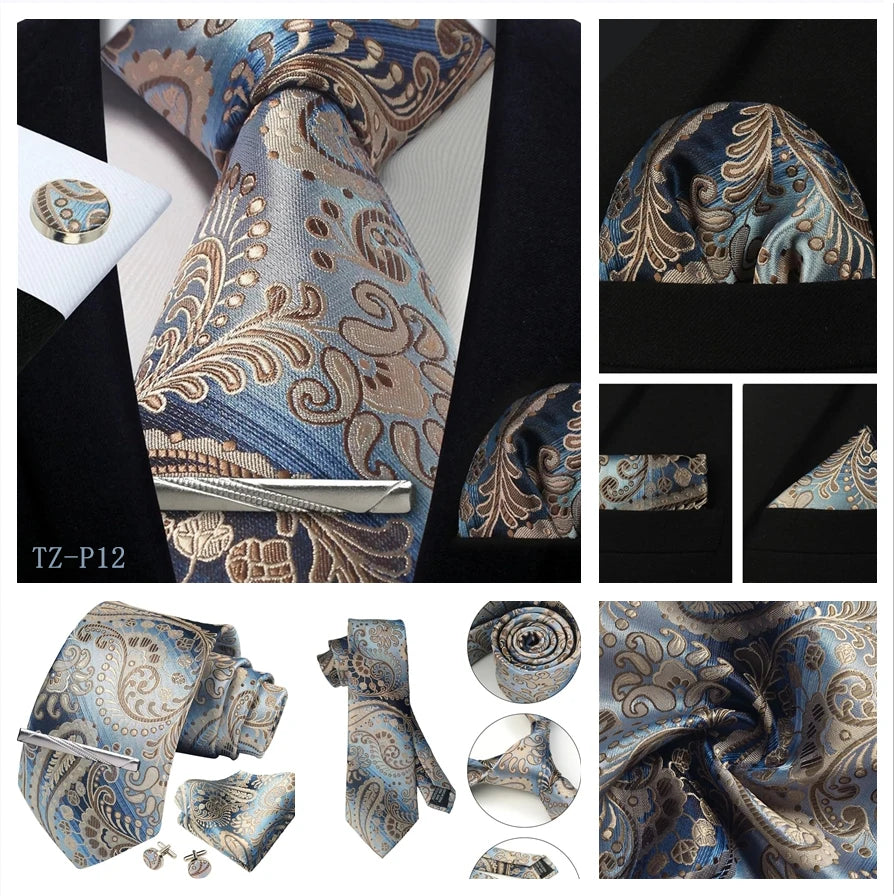 Mens Tie Set Silk Silver Paisley Floral Necktie and Pocket Square Cufflinks Tie Clip Classic Formal Ties for Men Wedding Party