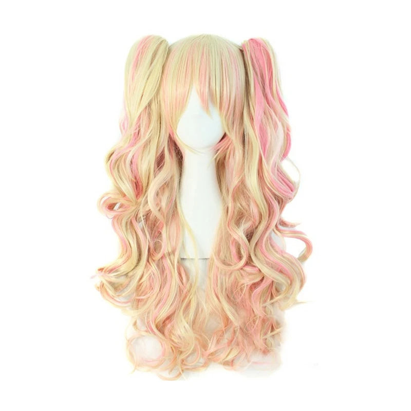 Long Synthetic Hair Wig with Bangs Cosplay Wavy Costume for Women Two Claw Clip Ponytail Available in Pink Red Blue Black White