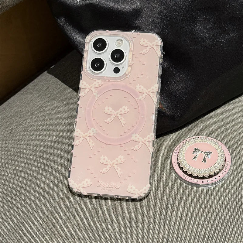 Lovely Magnetic Phone Case For iPhone 16 Pro 15 14 13 Pro Max 15Pro Cover with Pearl Bowknot Stand Shockproof Cases for Magsafe