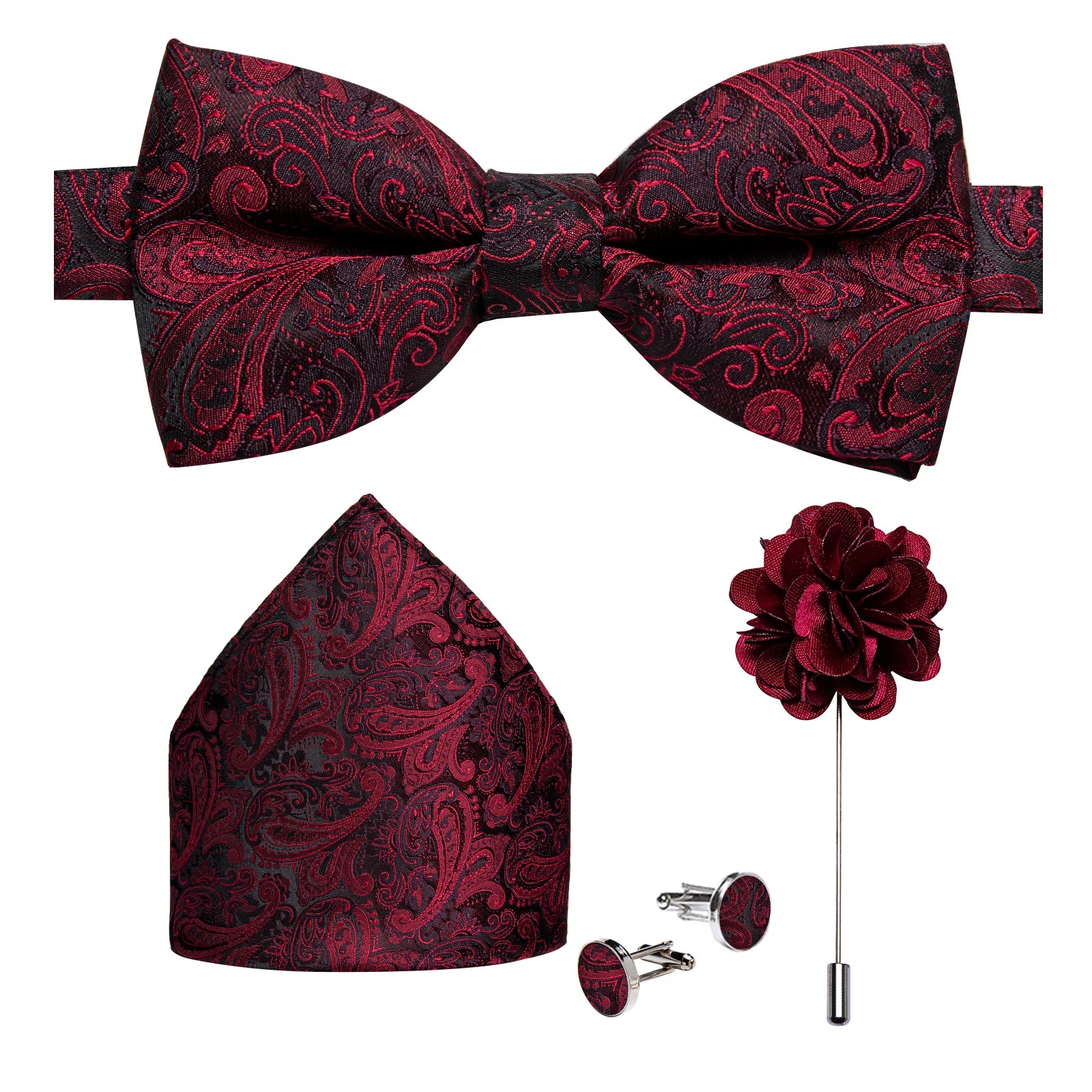 Wedding Bow Tie for Men Classic Red Pre-tied Bowtie Cufflinks Corsage Set for Party Butterfly Knot Gift Man Accessories