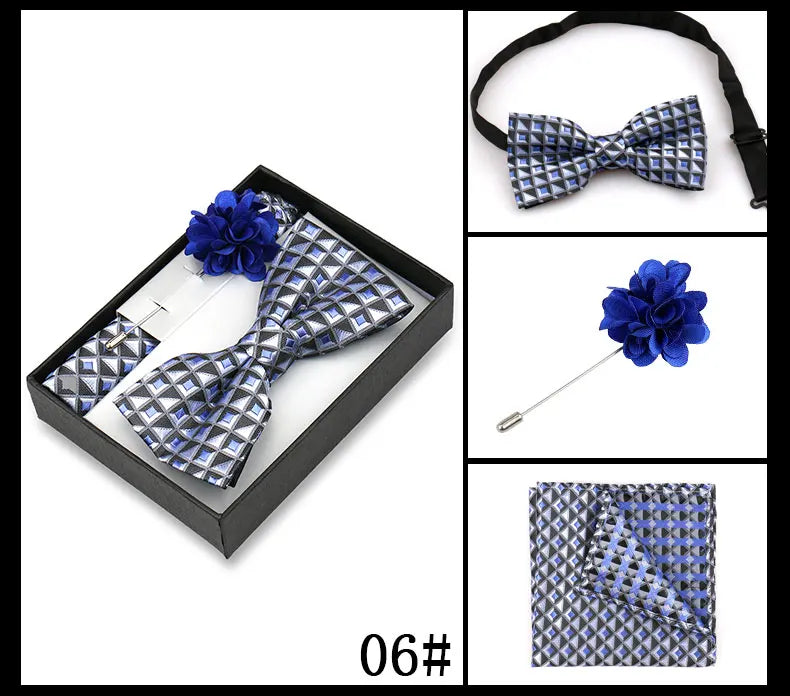 Classic High Quality Bow Tie Set Box Gift For Men Fashion Elegant Bowtie Handchief And Brooch Set Wedding Business Accessories