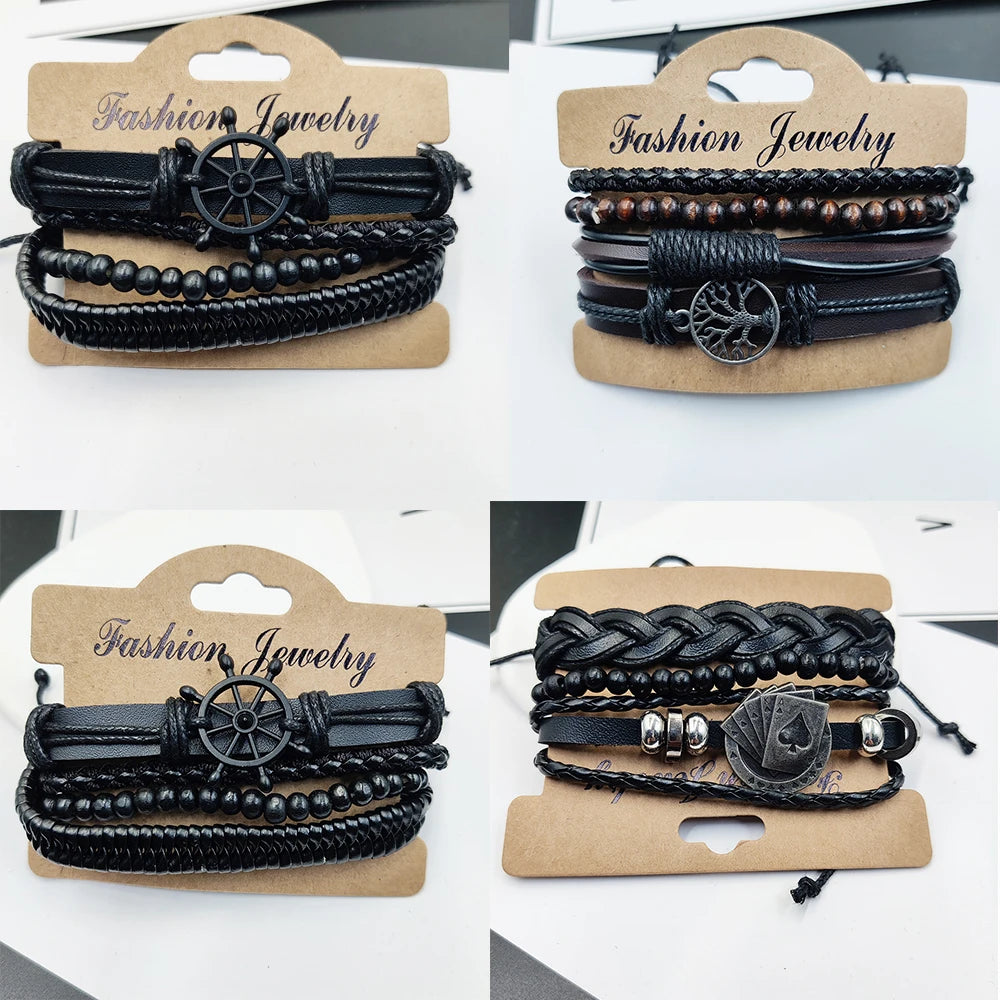 4Pcs/ Set Braided Wrap Leather Bracelets For Men Vintage Life Tree Rudder Charm Wood Beads Ethnic Tribal Wristbands