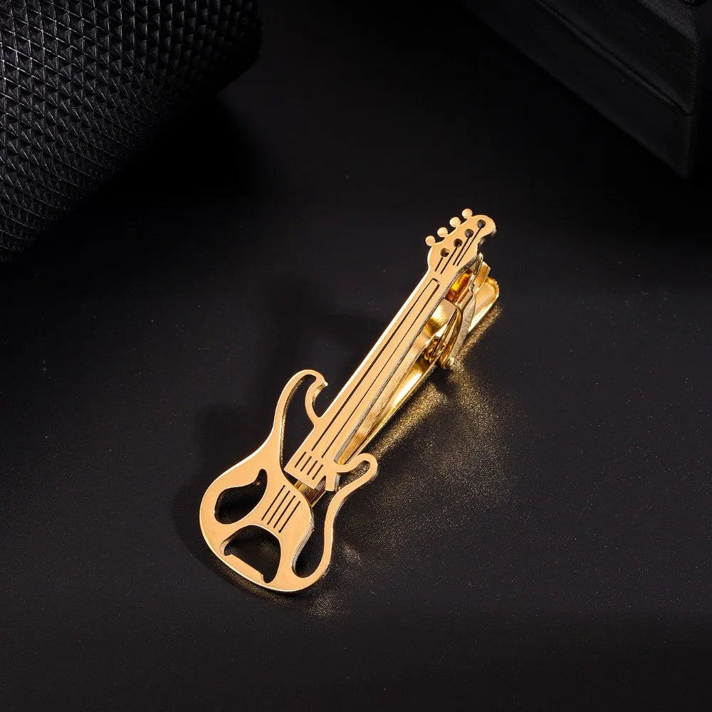 Treble Clef Guitar Tie Clip Titanium Steel Instrument Music Note Tie Pin Hip Hop Punk Piano Necktie Buckle Concert Accessories