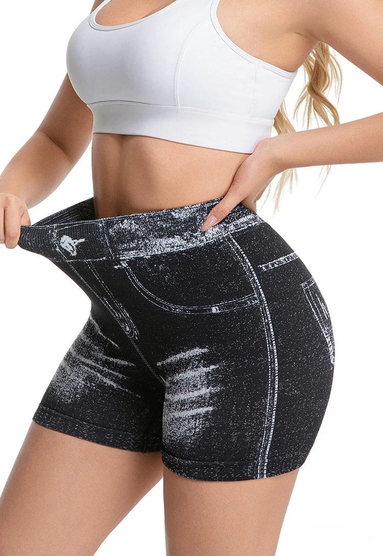 Jeans-like seamless yoga shorts with a V-shaped back, designed to enhance the posterior and provide quick-drying, form-fitting r