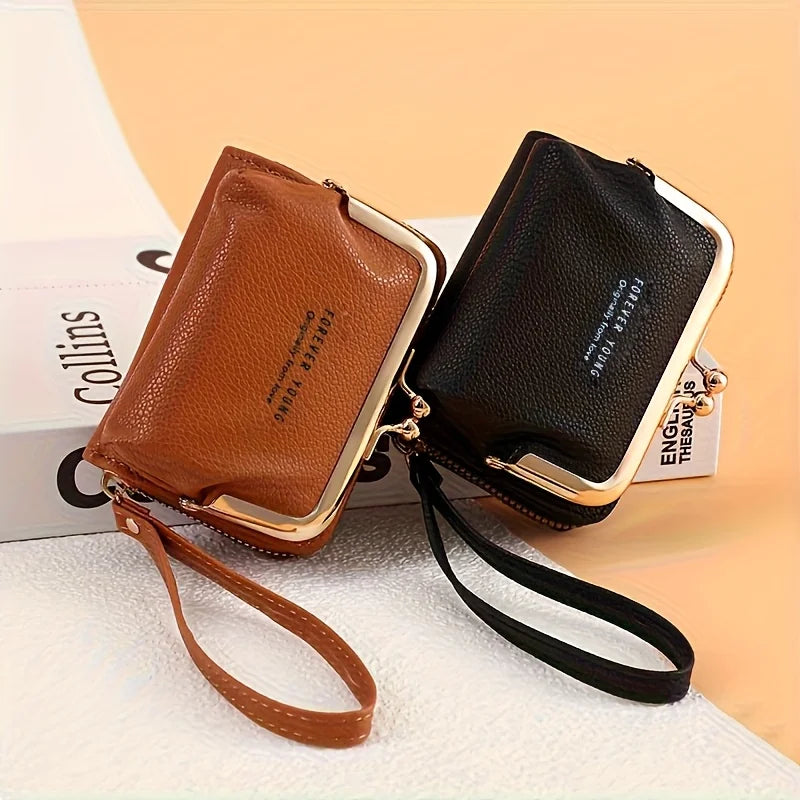 Women'S Elegant Wallet with Wrist Strap & Kiss Button Closure -Golden-Tone Hardware,Zipper Pocket & Card Holder,Wallet for Women