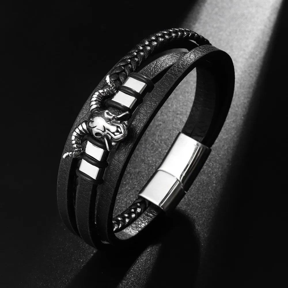 New Vintage Leather Woven Rope Bracelet Titanium Steel Sheep's Head Magnetic Buckle Men's Bracelet Fashion Jewelry Wholesale