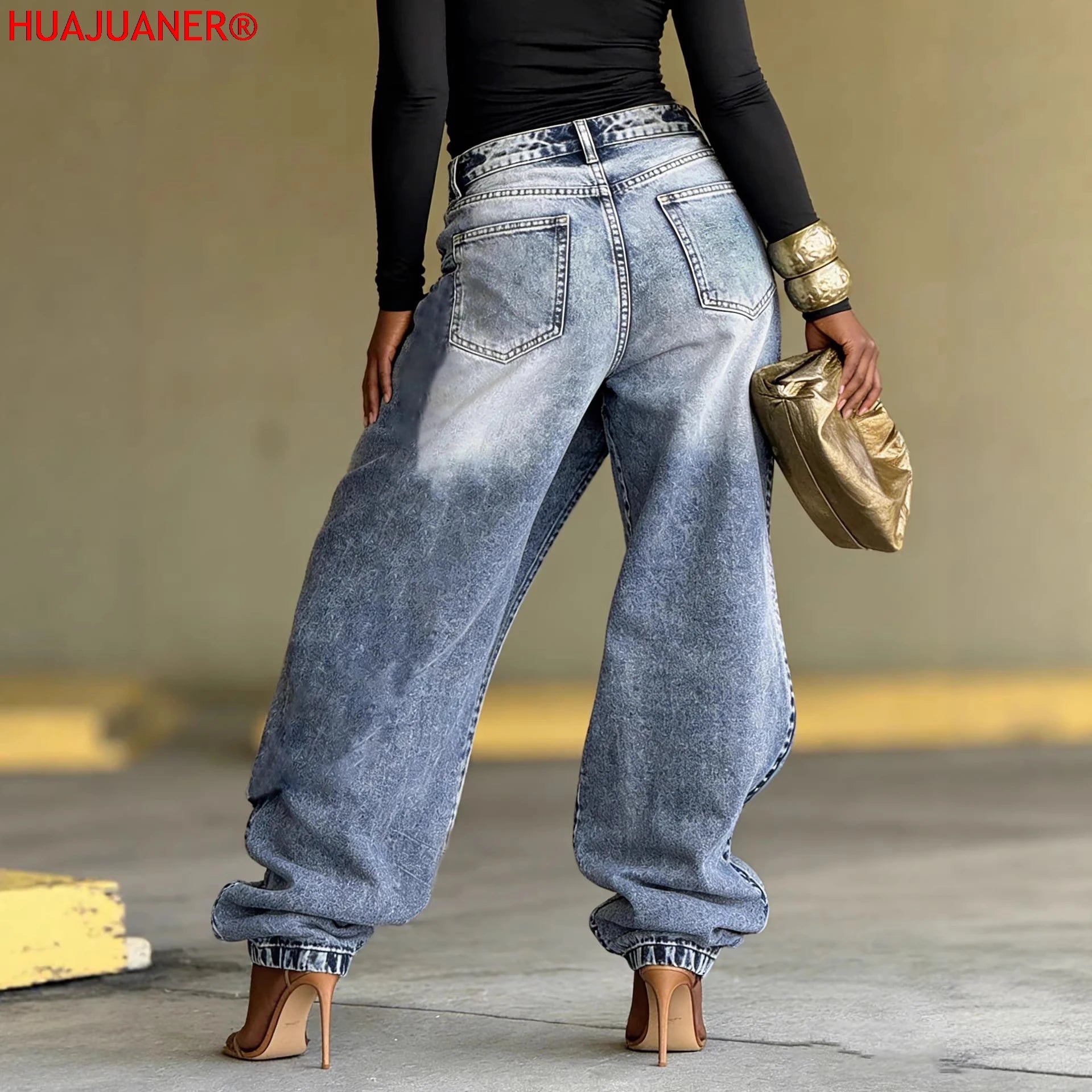 Jeans Women Vintage Wide Leg Pants Denims Washed Streetwear Patchwork Patches Straight Trousers Distressed Floor Length 2026