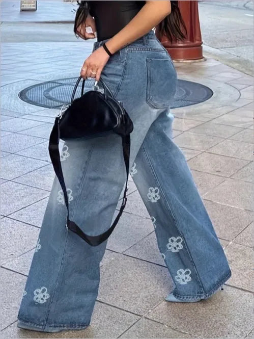 Women's Jeans 2025 Spring Autumn New Fashion Floral Print High Waist Pocket Design Loose Jeans Straight Leg Casual Spants