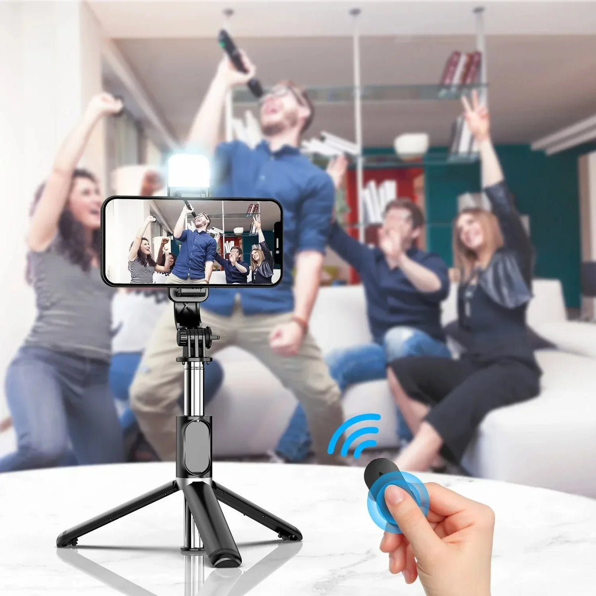 Wireless Selfie Stick with Tripod Stand and Light, Bluetooth Remote, Extendable for iPhone, Mobile Phone, Live Streaming