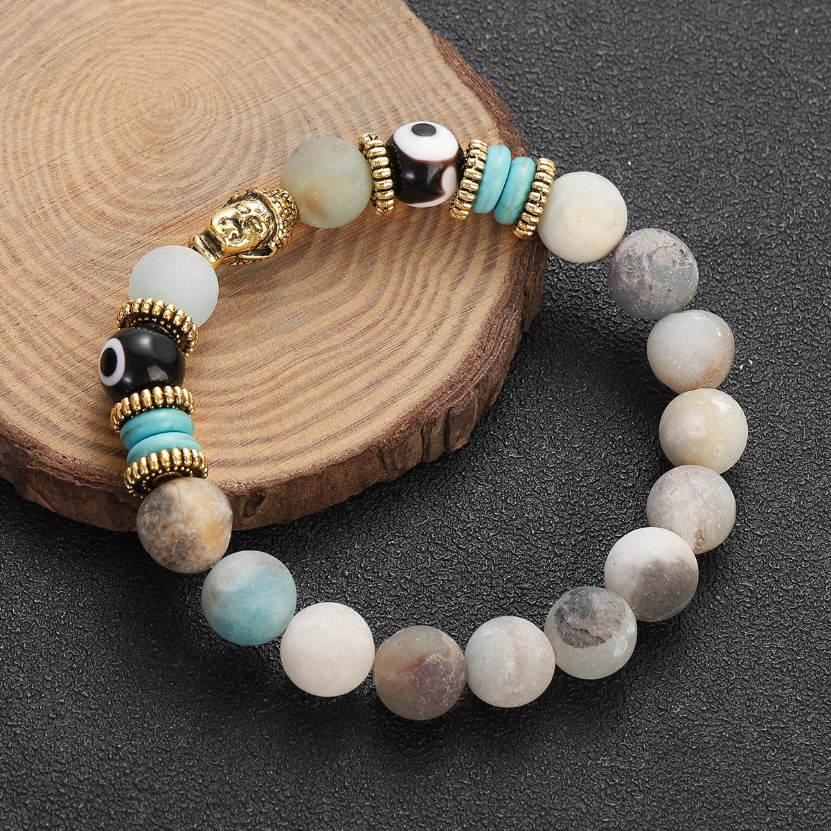 Classic Buddha&Evil Eye Bracelet Women Men 10mm Round Turquoises Blue Stone Bangles Handmade Elastic Yoga Bracelet