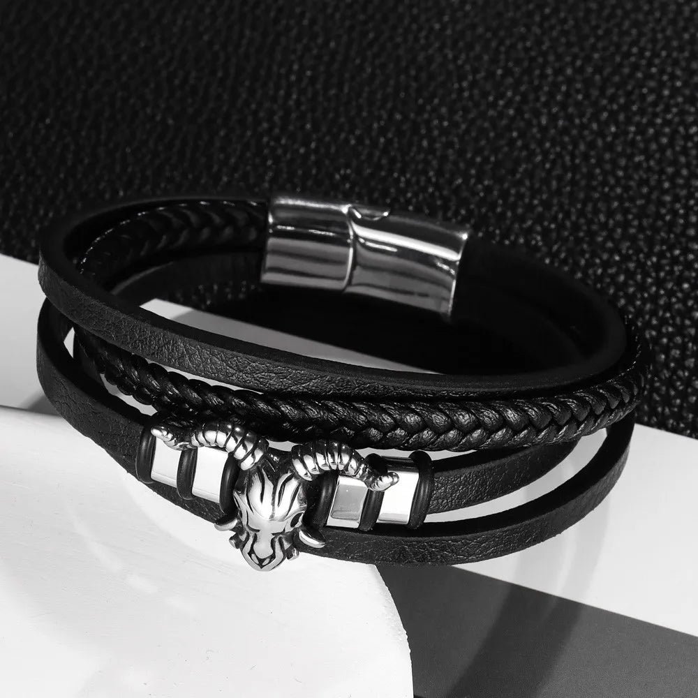 New Vintage Leather Woven Rope Bracelet Titanium Steel Sheep's Head Magnetic Buckle Men's Bracelet Fashion Jewelry Wholesale